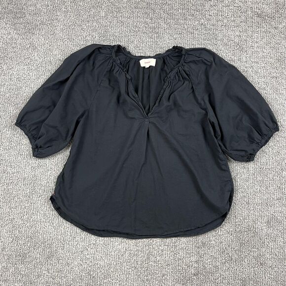 Xirena Blouse Womens Small Black Peasant Boho Split Neck Puff Sleeve Made USA - Picture 1 of 7